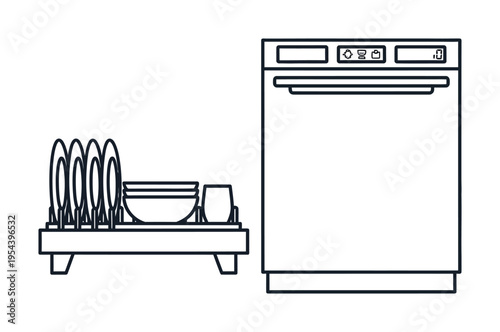 Vector of a dishwasher next to a drying rack with clean dishes and utensils