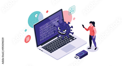 Cyber security threat and computer virus concept with a malicious character emerging from a laptop keyboard.