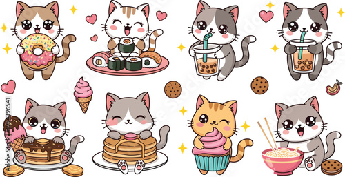 Cute Kawaii Cats Eating Desserts Collection with Donuts Pancakes Ice Cream Sushi and Bubble Tea Cartoon Characters for Stickers, Kids Design, and Sweet Food Themes
