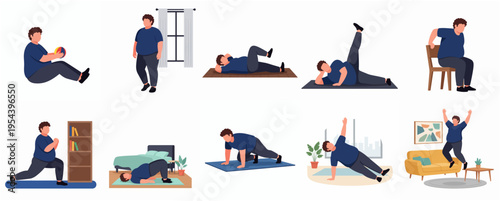 Flat Illustration Man Doing Home Workout Routine Set in Different Positions