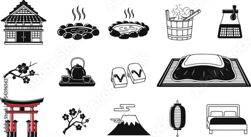 Traditional japanese culture icon set: temple, hot spring, tea ceremony, kimono, lantern, mount fuji