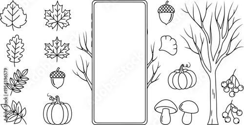 Autumn season elements collection with leaves, pumpkins, and bare trees around a copy space