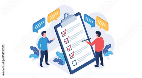 Project management and task completion checklist illustration with team members checking off a clipboard.