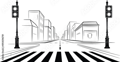 A black and white illustration of a city street with traffic lights and buildings
