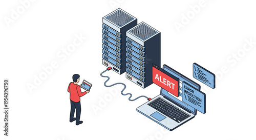 Network server error alert and system troubleshooting concept with a technician monitoring data center racks.