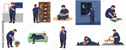 Illustrated Set of Man in Various Daily Routine Activity Character Design