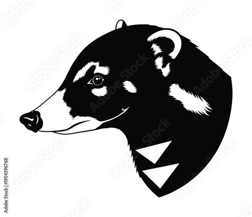 Monochrome vector of a stylized bear head with distinct facial markings and triangular neck patch