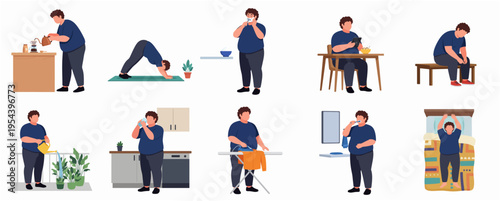 Illustration of a Chubby Man Engaged in Various Daily Activities Collection