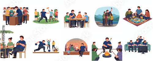 Diverse Flat Illustration of Friends and Family Engaging in Leisure Activities Set