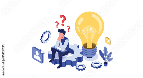 Creative problem solving and idea generation concept with a thinking person, gears, and a large lightbulb.