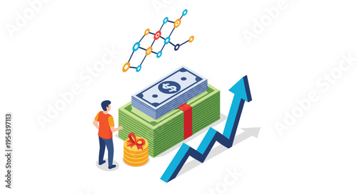 Financial investment and money growth concept showing stacks of cash, coins, and an upward trending arrow.