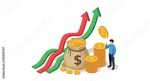 Wealth accumulation and business profit concept featuring a bag of gold coins and rising growth graph arrows.
