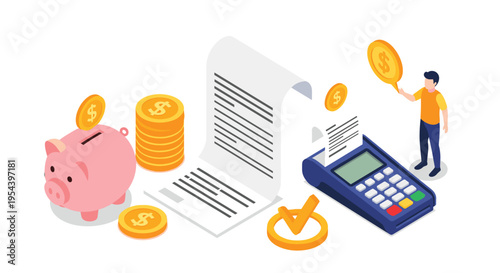 Financial savings and payment processing concept with a piggy bank, coins, receipt, and electronic terminal.