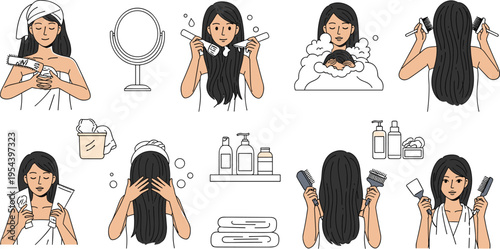 Hair care routine steps collection with washing drying styling and treatment process vector illustration