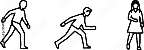 Stick figures of people walking and standing in various poses