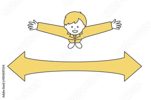 両手を横に広げて上を見上げるスーツの男性と左右に伸びる矢印｜上からの視点