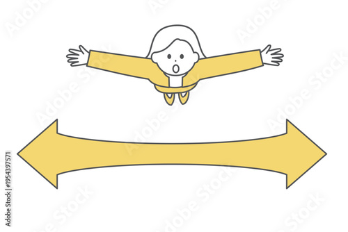 両手を横に広げて上を見上げるスーツの女性と左右に伸びる矢印｜上からの視点