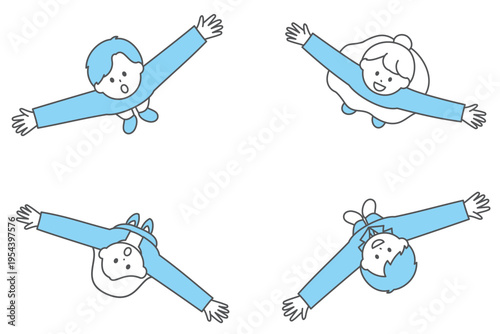 両手を広げて上を見上げるリラックスする男女のフレーム｜上からの視点