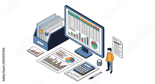 Professional accounting and financial data analysis workspace with a person standing by a large computer monitor showing spreadsheets.