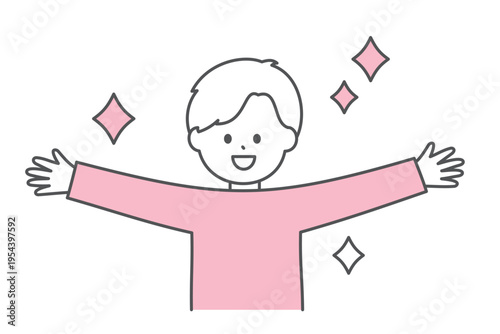 両手を左右に広げる笑顔の若い男性の上半身イラスト