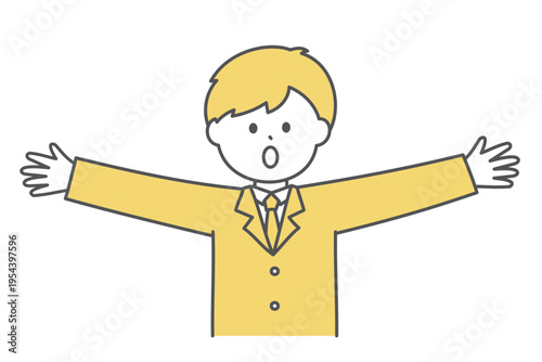 両手を広げて大きさをアピールするビジネスマンの上半身イラスト