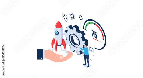 Business performance and acceleration concept featuring a rocket ship being launched by a human hand next to a gear and speed gauge.