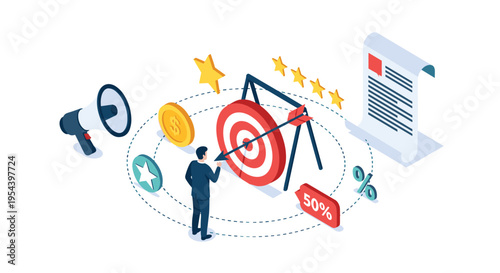 Targeted marketing and sales strategy concept featuring a businessman aiming a pencil at a target surrounded by promotional icons.