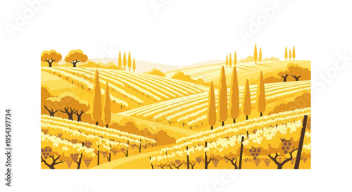 Golden Tuscan Vineyard Landscape with Cypress Trees and Rolling Hills