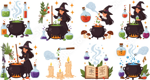 Cute Halloween Witch Brewing Magic Potions Set with Cauldron, Spell Book, Candles, Herbs, and Mystic Elements for Cartoon Fantasy Illustrations