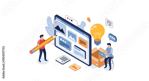 Creative web design and content creation concept showing people working on a large digital screen with a pencil and laptop.