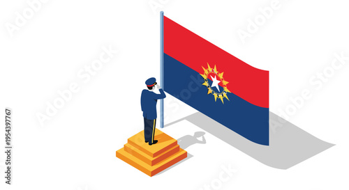 Military honor and national pride concept featuring a soldier saluting a flag on a pedestal under a bright blue sky.