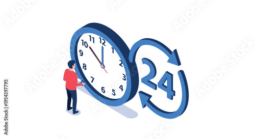 Customer support and time management concept featuring a man standing by a large clock with a twenty-four hour service icon.