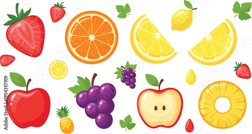 Fresh Fruit Collection Set with Apple, Orange, Lemon, Grapes, Pineapple, Strawberry and Slices for Healthy Food Design and Colorful Vector Illustrations
