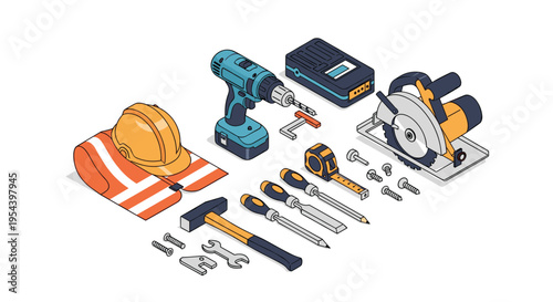 Complete set of construction and woodworking hand and power tools including a drill circular saw hammer and safety gear.