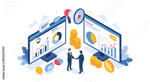 Successful business partnership and financial agreement concept featuring two professionals shaking hands between data monitors.