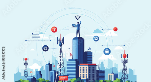 Smart city connectivity and telecommunication infrastructure concept featuring a professional managing network signals from a rooftop.