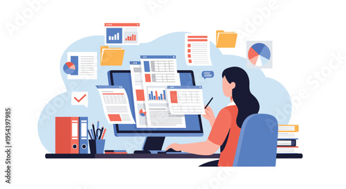 Professional productivity and data multitasking workspace with a female employee managing multiple windows on a large screen.