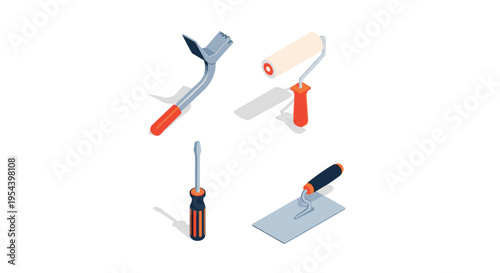 Essential home renovation and construction hand tools including a scraper paint roller screwdriver and trowel.