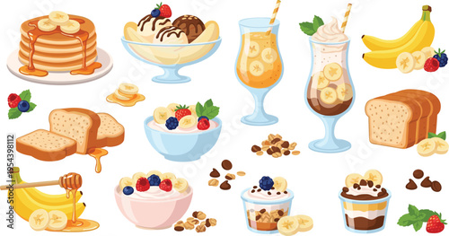 Delicious Banana Dessert and Breakfast Set with Pancakes, Ice Cream, Smoothies, Toast, Honey, and Fresh Berries for Sweet Food Illustrations