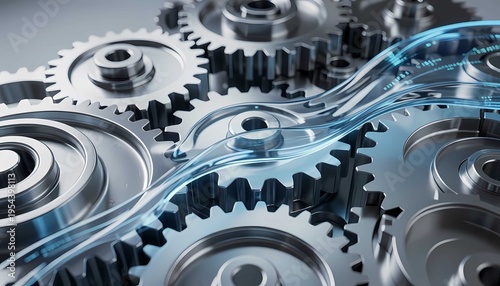 Futuristic metallic gears mechanism with blue lighting abstract data flow