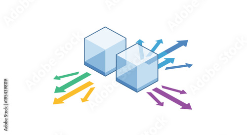 Data distribution and information exchange concept featuring translucent cubes with colorful arrows pointing outwards.