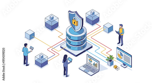 Enterprise network security and data protection team monitoring a server infrastructure with a central shield icon.