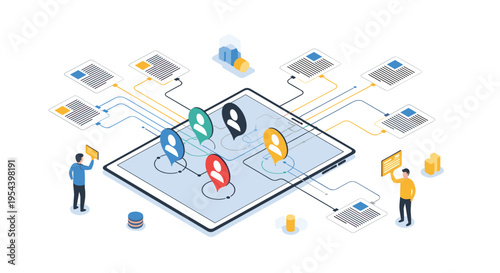 Digital networking platform displaying user connections and document sharing across tablet interface for collaborative business work.