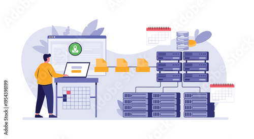 Database administrator managing server infrastructure while working at computer terminal to ensure network stability and uptime.