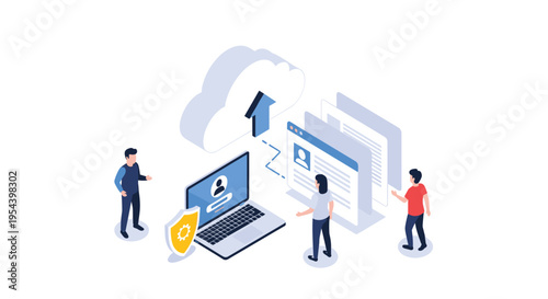 Cloud data backup and security concept with people uploading files from laptop to internet storage protected by yellow safety shield.