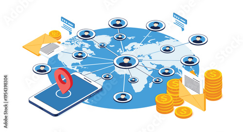Global communication and logistics network showing world map with user nodes, mobile tracking, and international money transactions.
