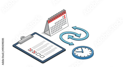 Project management tools including calendar, clipboard with checklist, clock, and refresh arrows to represent recurring task schedules.