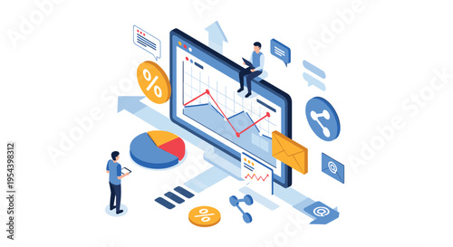 Digital marketing and analytics dashboard with people interacting with data charts, email icons, and social share symbols on monitor.