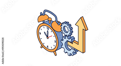 Time management and productivity concept featuring alarm clock with gears and rising arrow symbolizing efficient work performance.
