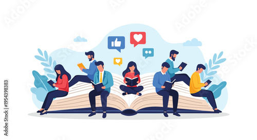 Group of enthusiastic readers sitting on giant open book with social media like and heart icons above them for educational community.